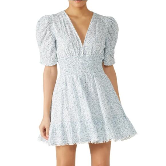 Cleobella Sadie Mini Dress Floral V-Neck Puff Sleeve Smocked Ruffle Cottagecore - Picture 2 of 16